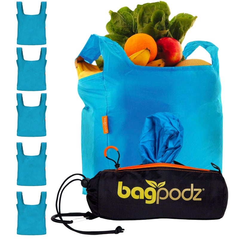 BagPodz Sturdy Reusable Grocery Bags Foldable and Washable - Made From RipStop Nylon Hold 50lbs - Designed in USA Reusable Shopping Bags Inside a Compact Pod with Carry Clip - 5 Pack in Blue - Image 1